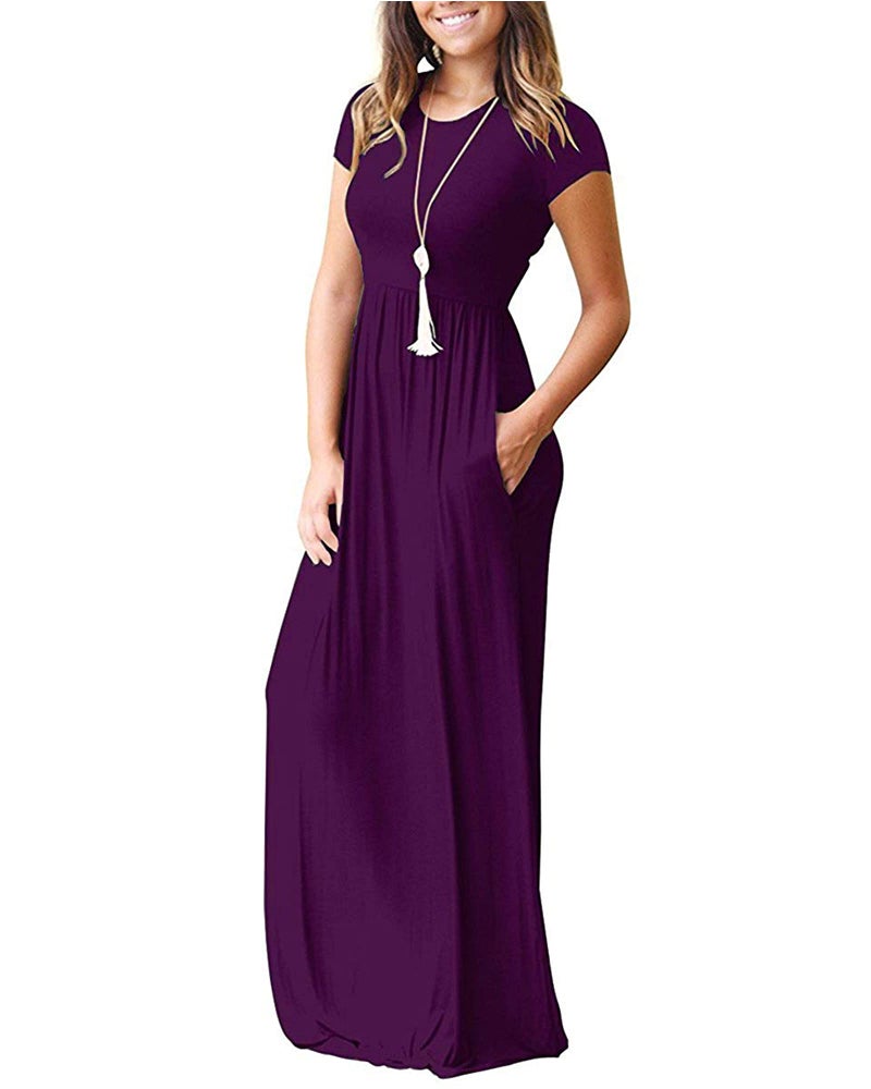 AUSELILY Women's Short Sleeve Loose Plain Casual Long Maxi Dresses for Women 2026 Purple L - Image 3